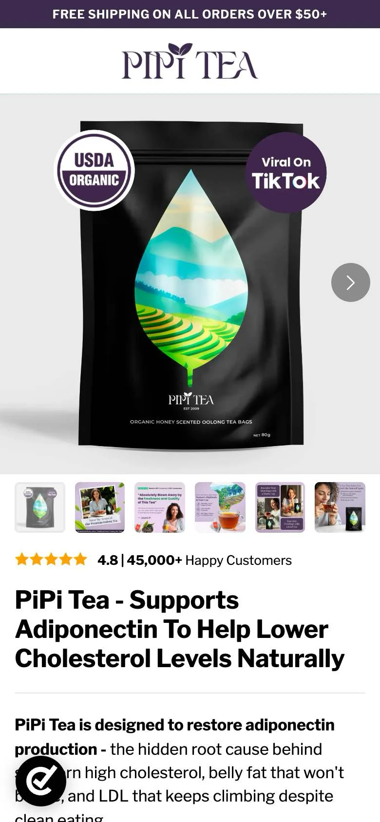 PiPi Tea landing page on a phone